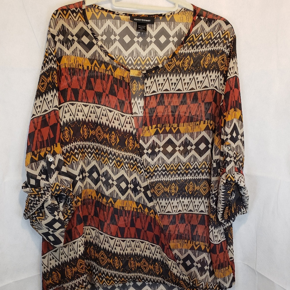 Ashley Stewart Mock Wrap silk tribal Plus Size top